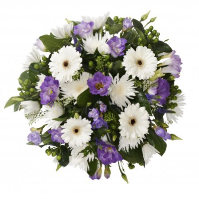 Posy SYM-345 - A classic funeral posy arranged with love using purple, lilac and white flowers.
