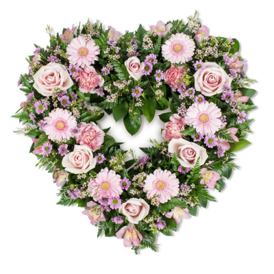 Heart SYM-325 - A beautiful open heart made with a selection of pink flowers specially chosen to make a stunning tribute by our florists.
